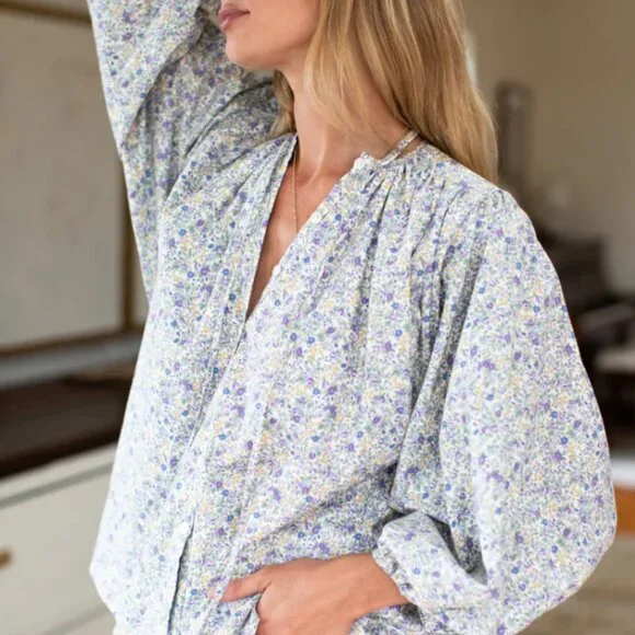 Emerson Fry Elina Blouse Indigo + Purple Calico Size Small - Picture 2 of 5